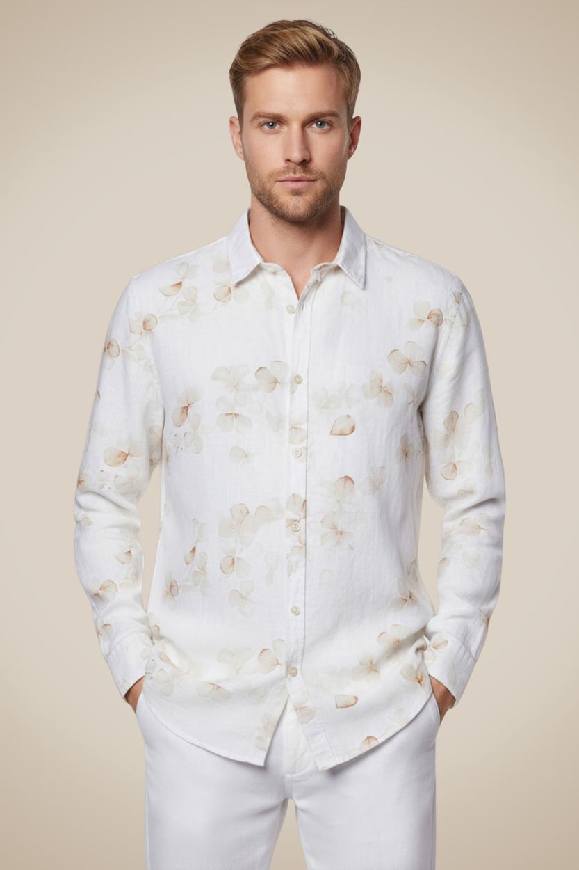 Camisa Ml Linho Estampa Lucky Gold, cor OFF WHITE
